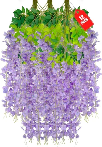 Miniatura 11 de Paquete de 12 flores colgantes de glicina rosa, flores colgantes falsas de 3.44 pies, guirnalda de glicina artificial para decoración de boda, telón