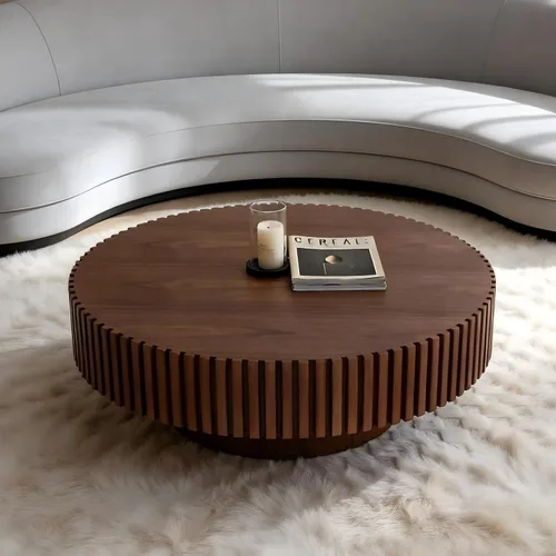 Miniatura 7 de Mesa de centro moderna de madera redonda acanalada, Ø31.5 x 13.8 pulgadas de alto, espacio pequeño, color marrón, tambor circular, centro estriado