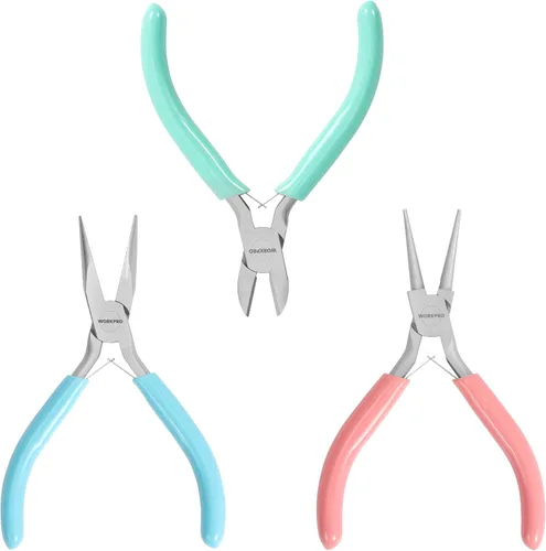 WORKPRO Juego de Alicates para Joyería, Kit de Herramientas para Hacer Joyas de 3 Piezas que Incluye Alicates de Punta Fina/Alicates de Punta Plana,