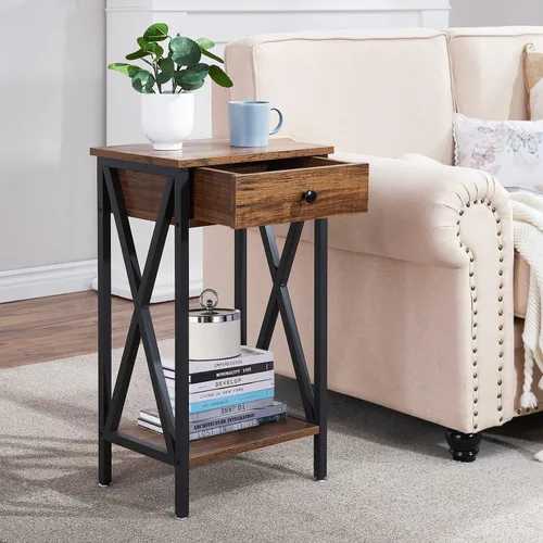 Miniatura 5 de VECELO Mesitas de noche modernas y versátiles con diseño en X, mesa auxiliar lateral con cesta de almacenamiento, mesita de noche con estante