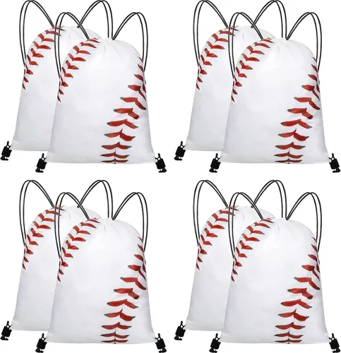 8 bolsas con cordón de bola para fiesta, bolsas deportivas con cordón para deportes de gimnasio (blanco, patrón de béisbol), Blanco, patrón de