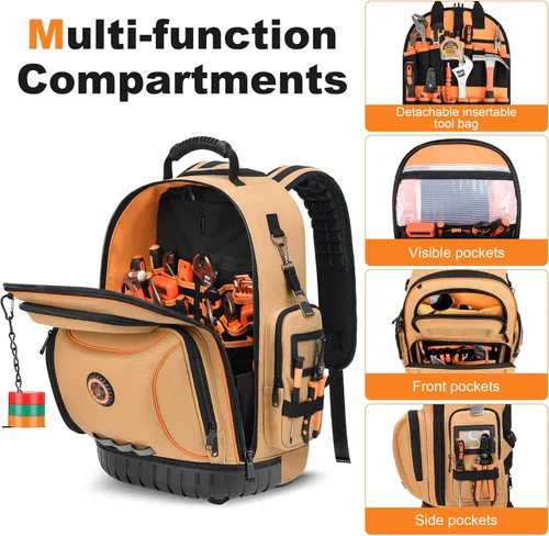 Miniatura 5 de Mochila de herramientas con rueda, mochila de herramientas rodantes para electricista, bolsa de herramientas con ruedas para trabajos de Marrón