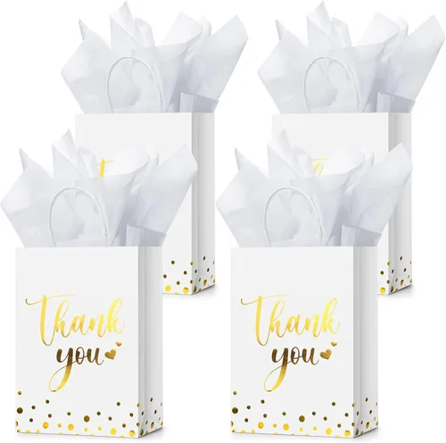 Tinlade 12 bolsas de regalo de agradecimiento con papel de seda de lunares dorados, bolsas de agradecimiento con asa, recuerdos de fiesta para Blanco