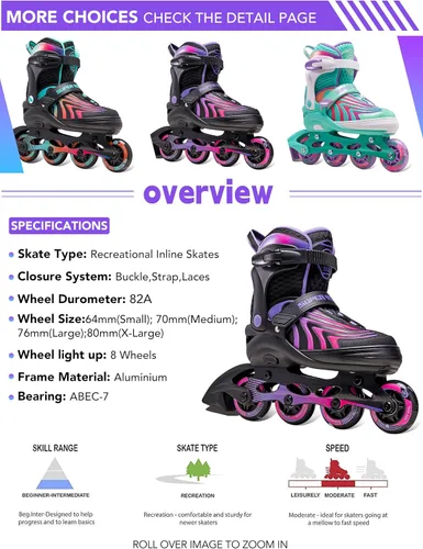 Miniatura 3 de SUPER YOUNGSTER Patines en línea para niñas, niños y niños de 4 a 12 años, patines ajustables con luces para jóvenes y adolescentes de 8 a 12 años