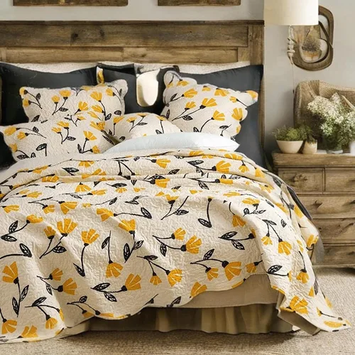 Miniatura 6 de DaDa Bedding - Juego de colcha acolchada con diseño floral botánico de flores amarillas y doradas, diseño de tulipanes de primavera, bordes