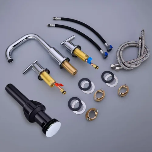 Miniatura 6 de TRUSTMI Grifo de lavabo de baño de 2 manijas de 8 pulgadas de extensión amplia, arco alto, latón, 3 orificios, grifo de tocador con mangueras