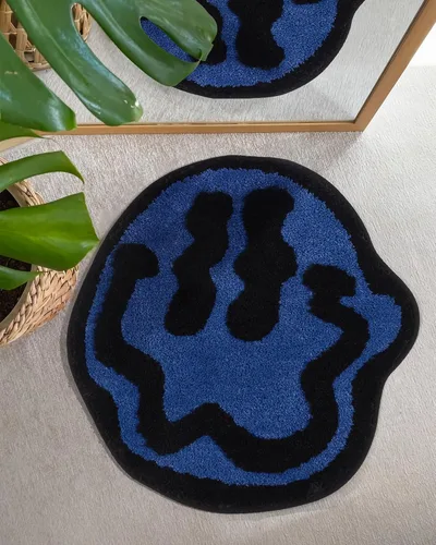 Miniatura 6 de ELDONE Trippy - Tapete de baño de cara feliz azul, alfombras geniales para dormitorio, alfombra de preparación, alfombra hippie antideslizante