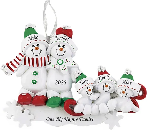 Adorno personalizado con diseño de muñeco de nieve, familia de 5 integrantes, adorno para árbol de Navidad, decoración artesanal personalizada,