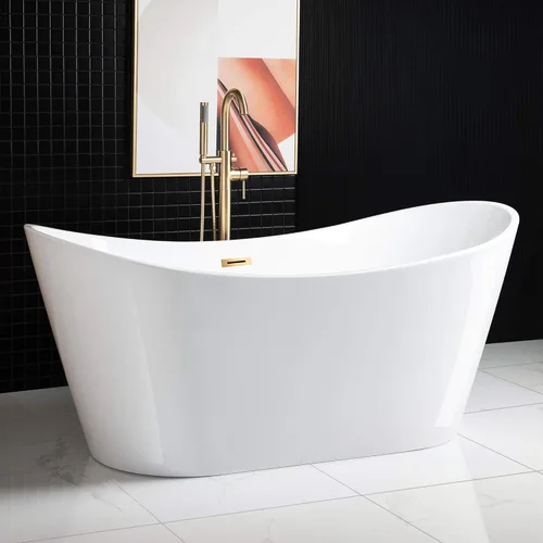 WOODBRIDGE BTA1515-BG-Drain&O - Bañera de acrílico independiente de 67 pulgadas con desbordamiento y drenaje de oro cepillado, BTA1515-BG-Drain&O