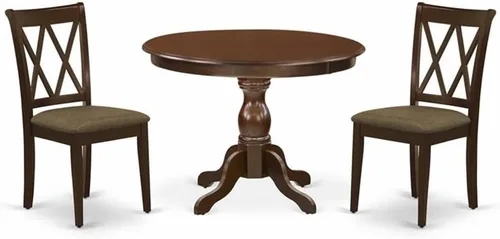 East West Furniture HBCL3-MAH-C - Juego de comedor de 3 piezas para espacios pequeños que contiene una mesa de comedor redonda con pedestal y 2