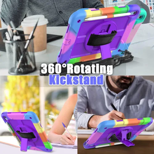 Miniatura 3 de Funda para iPad de 10.9 pulgadas 2022, duradera, ligera, a prueba de golpes, con soporte para lápices, soporte giratorio de 360º, correa
