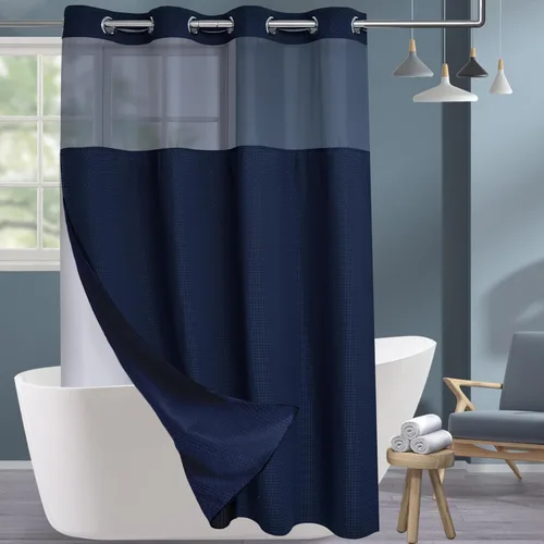Miniatura 19 de Conbo Mio Cortina de ducha sin ganchos de tela de gofre con forro extraíble, lujosa para hotel, azul oscuro, para baño con ventana transparente