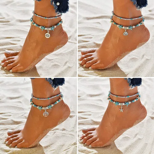 Miniatura 3 de Suyi 5 pulseras de tobillo para mujer, tobilleras ajustables en capas de playa, tobilleras de cadena bohemia, joyería de pie