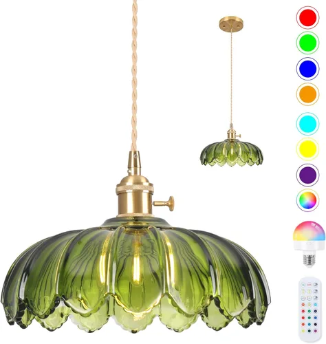 Miniatura 16 de Luces Colgantes para Isla de Cocina, Luz Colgante de Cristal Verde Accesorios de Iluminación Vintage, 9.4 pulgadas E26 Acabado Lámpara Colgante