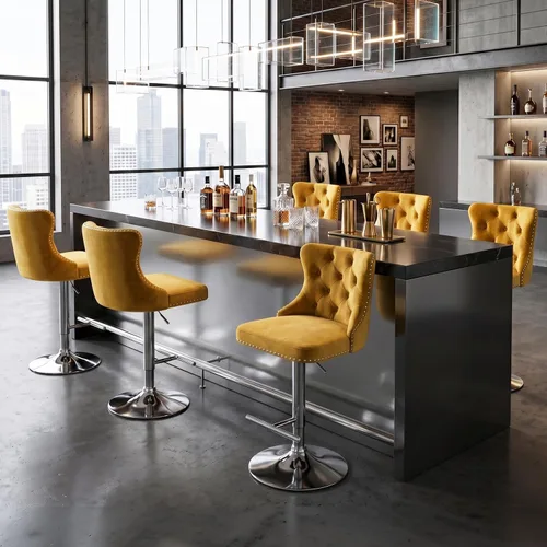 Miniatura 69 de SoarFlash Juego de 2 taburetes de bar tapizados de terciopelo moderno con patas de madera, botones acolchados, cabeza de clavo cromada, asiento