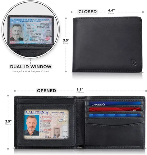 Miniatura 3 de SERMAN BRANDS Cartera de 2 ventanas de identificación para hombres con bloqueo RFID, tapa plegable, cartera de viaje de capacidad adicional