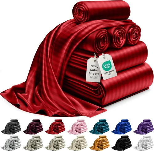 Miniatura 30 de DECOLURE Sábanas de satén para cama - Juego de 6 piezas de ropa de cama de lujo sedosa tamaño King - Más suave que la seda, sin arrugas con sábana