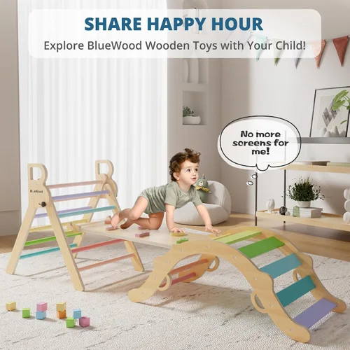 Miniatura 6 de BlueWood Conjunto de Triángulo Pikler, Juguetes de Escalada de Madera para Niños Pequeños para Interiores, Escalador Plegable 7 en 1 para Niños