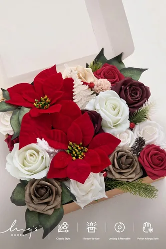 Miniatura 5 de Ling's Moment Caja de flores falsas, tallos de vegetación artificiales artificiales, rosas de espuma, hojas de seda, flor fábica para centro