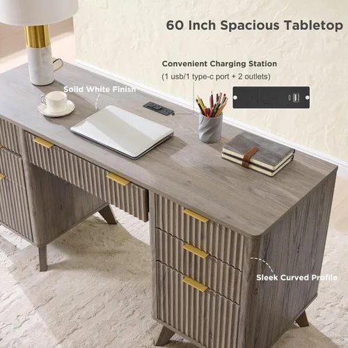 Miniatura 5 de T4TREAM Fluted Executive Desk with Drawers, 60" Modern Home Office Computer Desk with Charging Station, File Cabinet, Keyboard Tray and Storage