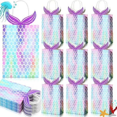 Miniatura 7 de Chinco 10 bolsas de regalo de sirena, regalos de fiesta, bolsas de dulces con asa, suministros de fiesta de sirena para niñas, cumpleaños, baby