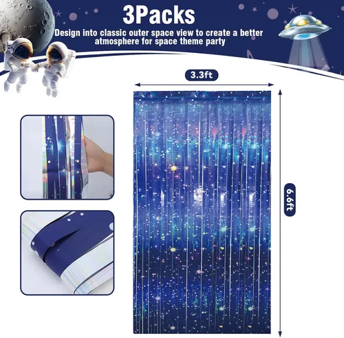 Miniatura 2 de 3 piezas de cortinas de papel de aluminio con temática de galaxia para decoraciones de fiesta espacial, 3.3 x 6.6 pies, cortinas de oropel azul