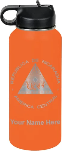 Miniatura 55 de LaserGram Botella de agua personalizada, bandera de Nicaragua, acero inoxidable de doble pared aislada al vacío con popote superior, regalo grabado
