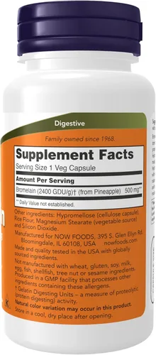 Miniatura 2 de NOW Foods Suplementos, bromelina (enzima proteolítica natural) 2,400 GDU/g - 500 mg, enzima proteolítica natural*, 60 cápsulas vegetales