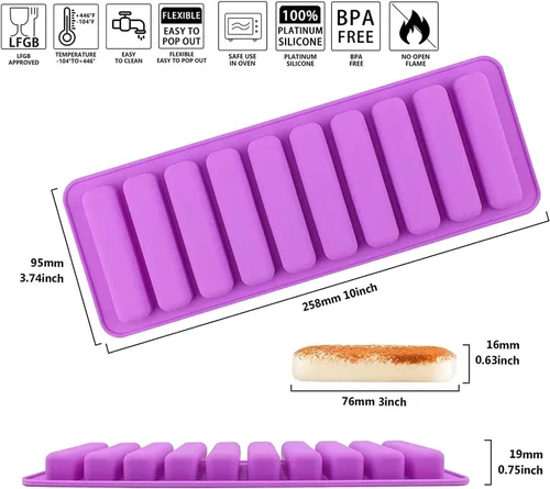 Miniatura 2 de Molde de silicona de tira larga, 2 unidades, 10 cavidades, molde de chocolate, forma de dedo, rectangular, cereales, barra de chocolate, moldes