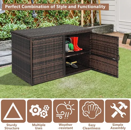 Miniatura 4 de Henf Caja de almacenamiento de mimbre para exteriores, caja de mimbre para patio con puertas dobles y estante, organizador de almacenamiento