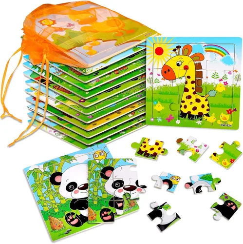 SANNIX Paquete de 12 rompecabezas para niños pequeños, rompecabezas de animales de madera, 9 piezas con 12 bolsas organizadoras para niños de 2, 3,