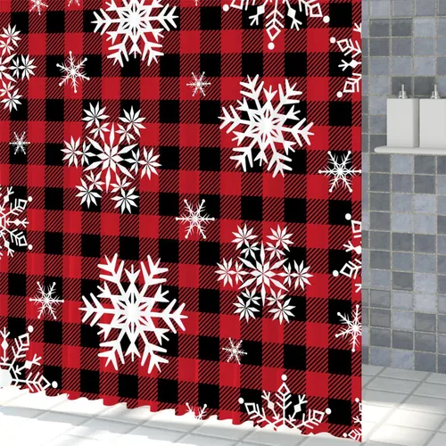 Miniatura 2 de Cortina de ducha con diseño de copo de nieve, rojo, negro, búfalo a cuadros, Navidad, blanco, nieve, invierno, decoración de baño, retro, rústico