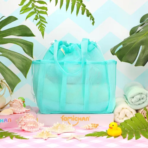 Miniatura 9 de famichan Organizador de ducha de malla portátil, esencial para dormitorio universitario, niñas y chicos, bolsa de ducha azul de gran capacidad