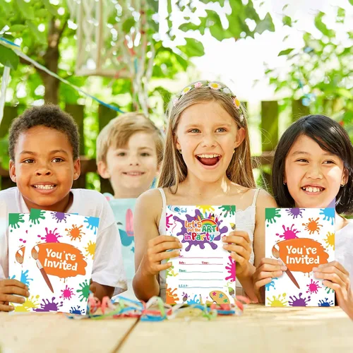 Miniatura 7 de Pajean Juego de 24 invitaciones de fiesta de pintura artística con sobres, tarjetas de cumpleaños coloridas, letras de invitación temáticas