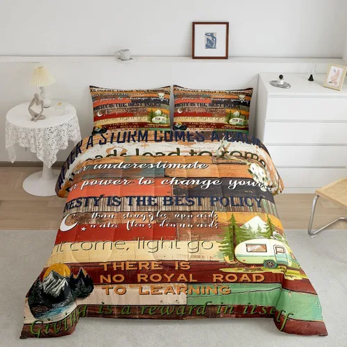 Miniatura 17 de Juego de ropa de cama de campamento para niños, tamaño individual, juego de edredón de gnomos kawaii para niños y niñas, edredón vintage de madera