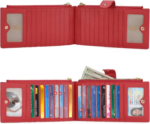 Miniatura 7 de GOIACII - Carteras para mujer de dos pliegues con bloqueo RFID y 2 bolsillos con cremallera, Rojo, M