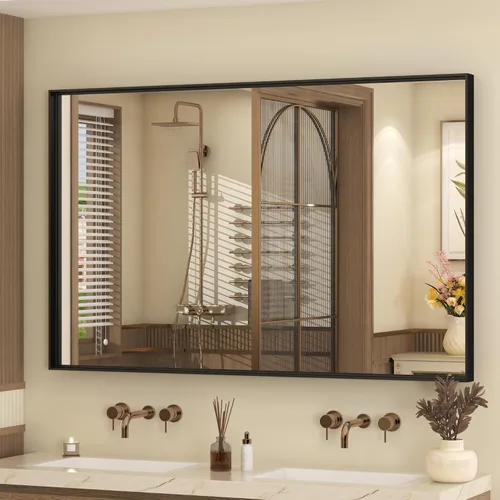 Miniatura 71 de Paquete de 2 espejos de baño con marco de metal negro de 22 x 30 pulgadas, espejo rectangular redondeado negro mate, antioxidante, se cuelga