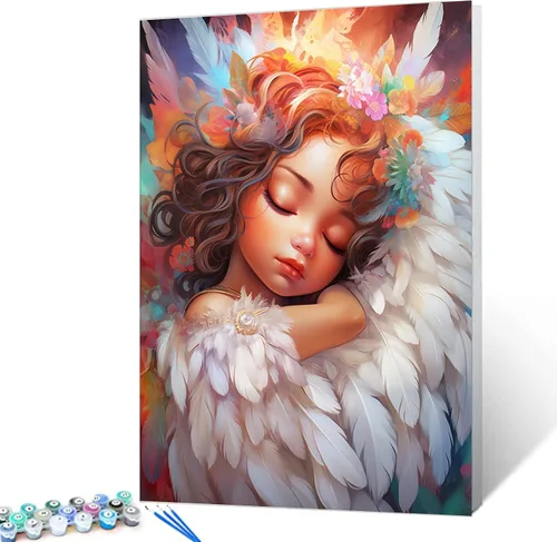 Tucocoo Muñeca de personaje de dibujos animados, pintura al óleo por números para adultos, lindas niñas, kits de pintura de flores, lienzo para