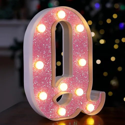 Miniatura 13 de Letras con luces LED, letras de marquesina con brillantina rosa, letras del alfabeto, letreros iluminados por pilas, para decoración de fiestas