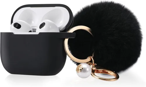 Funda protectora para Airpods 3, funda de carga de silicona suave compatible con Air Pods de 3ª generación 2021 con bonito kit de llavero de pompón