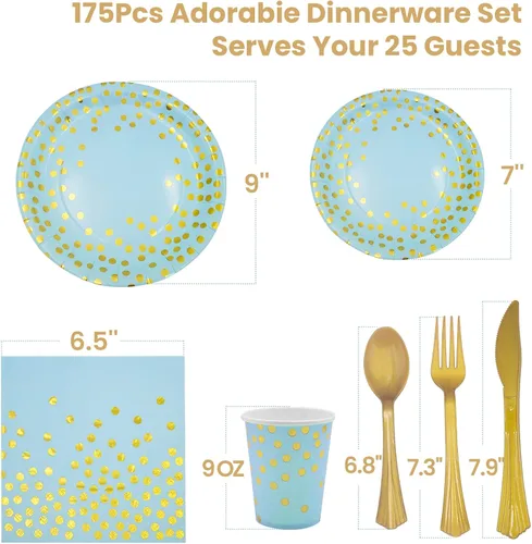 Miniatura 2 de AIRE 175 piezas de platos de papel azules y dorados, juego de vajilla para 25 invitados, decoraciones para fiestas, platos de papel, suministros