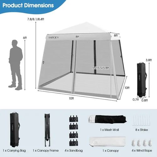 Miniatura 7 de Tangkula Toldo desplegable de 10 x 10 pies con red, toldo de pierna inclinada para exteriores con bolsa enrollable, 4 bolsas de arena, 8 estacas, 4