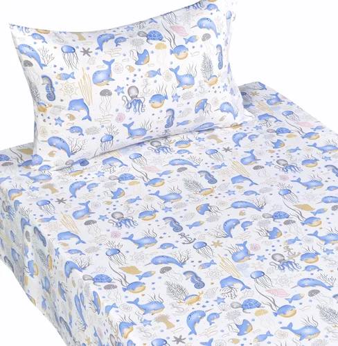 Miniatura 2 de Scientific Sleep Juego de sábanas de animales marinos simpáticos de delfín, ballena, pulpo y medusa, 100% algodón, juego de ropa de cama individual