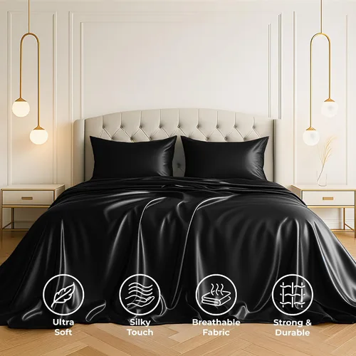 Miniatura 2 de Pure Bedding Sábanas de satén matrimoniales [4 piezas, negras] Juego de sábanas de lujo sedosas de hotel – Juego de sábanas de microfibra extra Negro