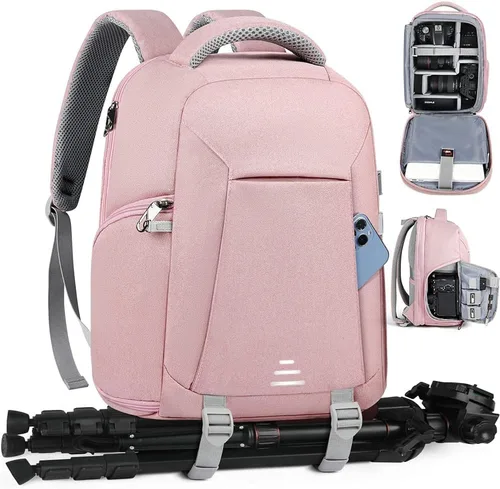 Miniatura 8 de RAINSMORE Mochila para cámara DSLR SLR sin espejo, compartimento profesional para laptop de 14 pulgadas, bolsa impermeable para fotografía