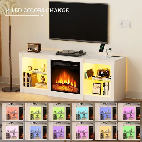 Miniatura 4 de Kucreiheat Soporte de TV con chimenea con luz LED y centro de entretenimiento con chimenea para TV de 65 pulgadas con estantes de vidrio ajustables