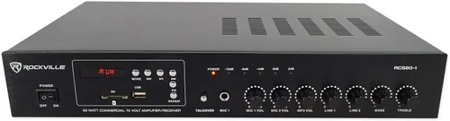 Miniatura 2 de Rockville RCS80-1 60 vatios 70V/100V amplificador comercial/receptor Bluetooth 5.0, compatible con altavoces de 4/8/16 ohmios, USB/SD/FM/RCA/Mic