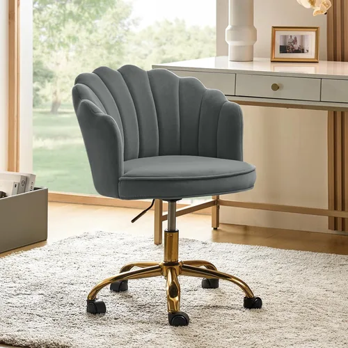 Miniatura 12 de HULALA HOME Silla de oficina en casa de terciopelo con base dorada, silla de escritorio tapizada moderna y linda de concha para mujer para tocador