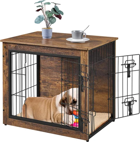 Miniatura 14 de Yaheetech 32" Mesa auxiliar de jaula para perros con cojín, jaula de madera para perros con puertas dobles/pies ajustables, mesa auxiliar lateral
