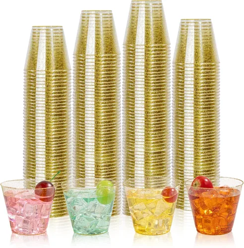 Miniatura 17 de I00000 Paquete de 100 unidades de vasos de plástico dorado de 12 onzas, vasos desechables con borde dorado, vasos de vino desechables y copas